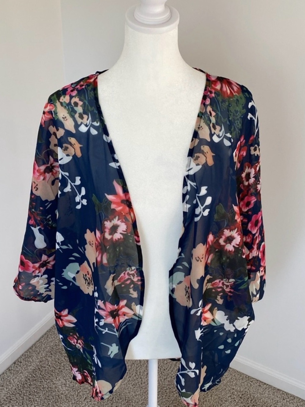 Blue Floral Kimono Cardigan One Size | Lightweight Boho Layer